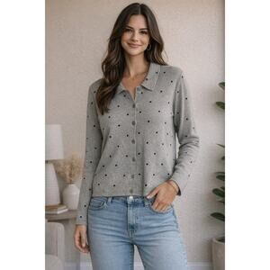 Onque Casual Womens Large Gray Polka Dot Button Front Knit Top Collared